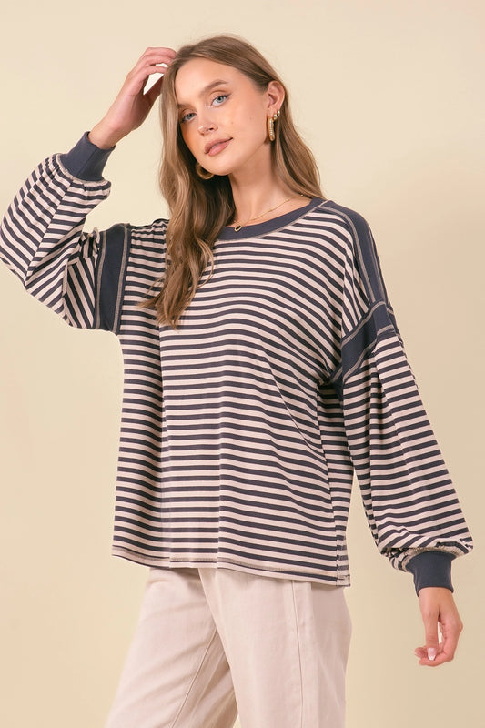 Drop Shoulder Puff Striped Oversized Top