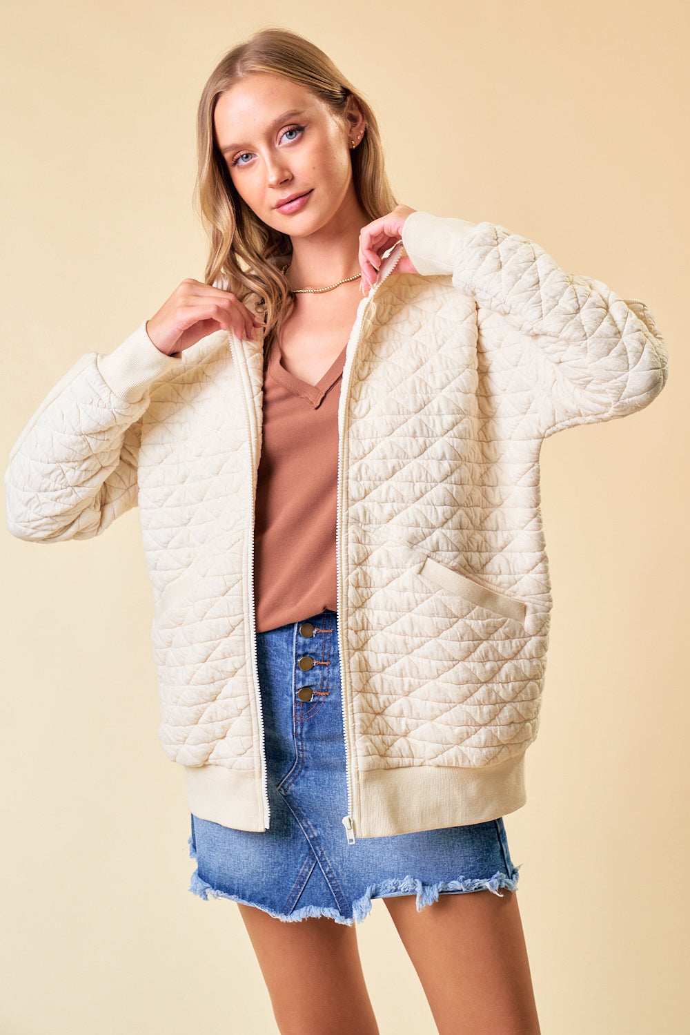 Zip Up Quilted Jacket with Hood