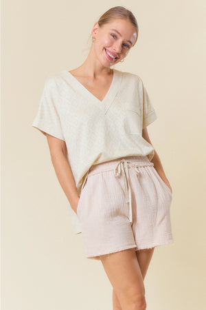 Jacquard V-Neck Dolman Short Sleeve Top