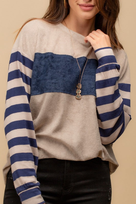 Color Block Top with Stripe Sleeve