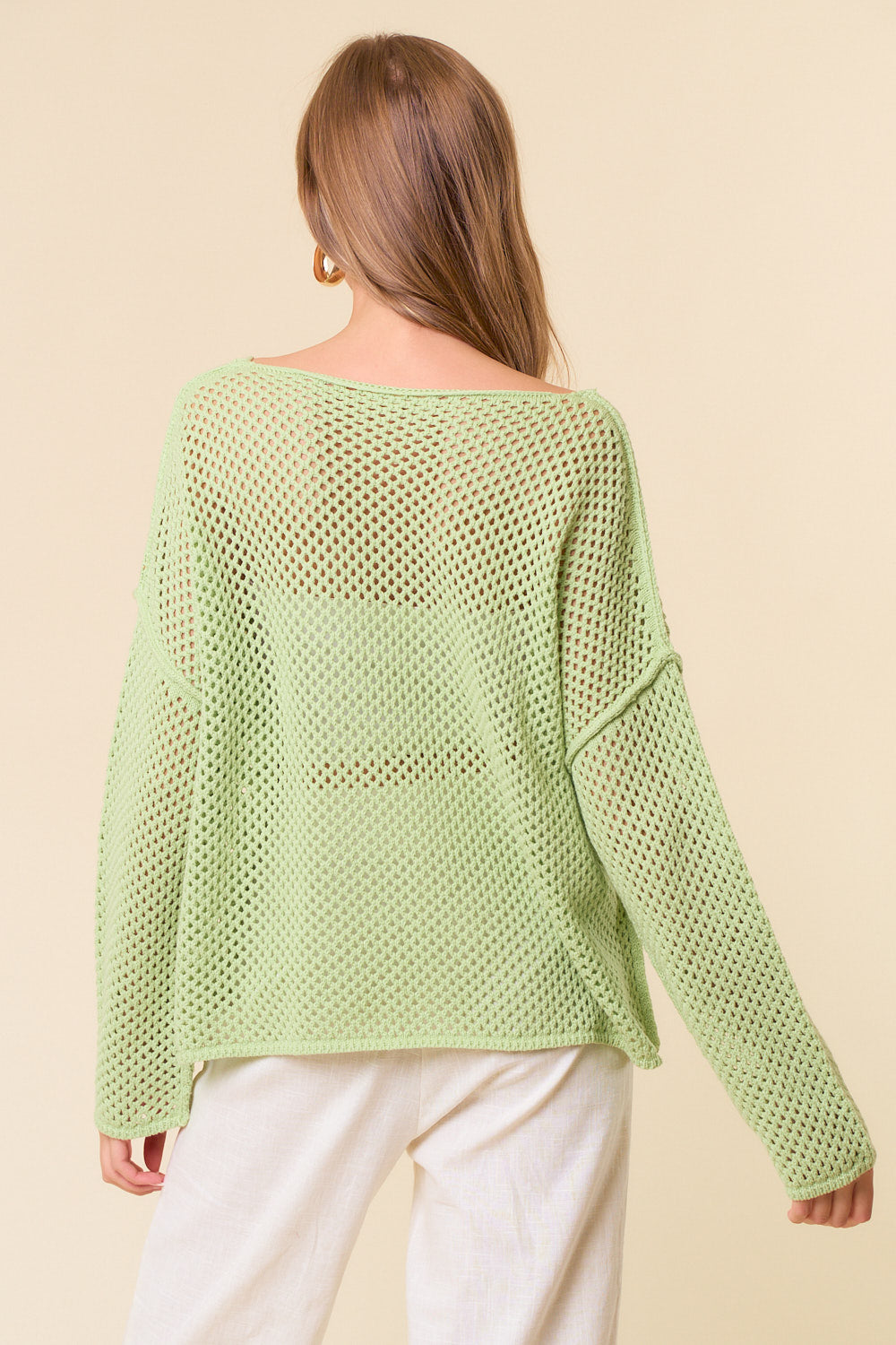 V-Neck Long Sleeve Crochet Sweater Knit Top - Lime