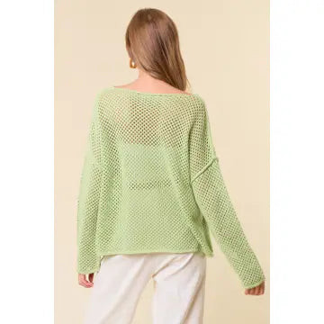 V-Neck Long Sleeve Crochet Sweater Knit Top