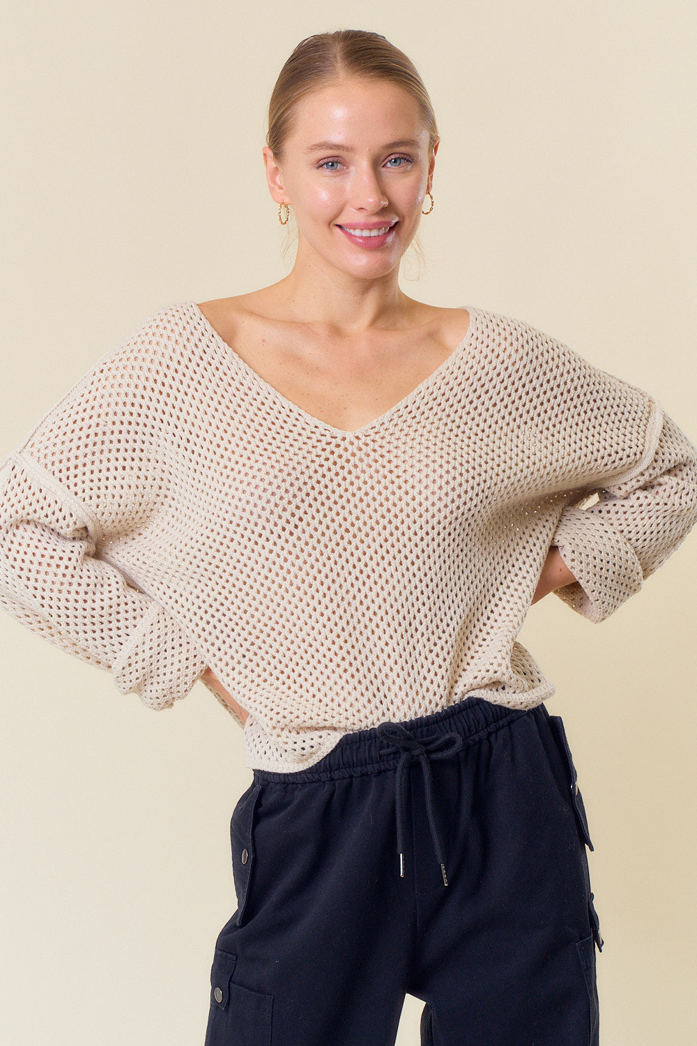 V-Neck Long Sleeve Crochet Sweater Knit Top - Natural