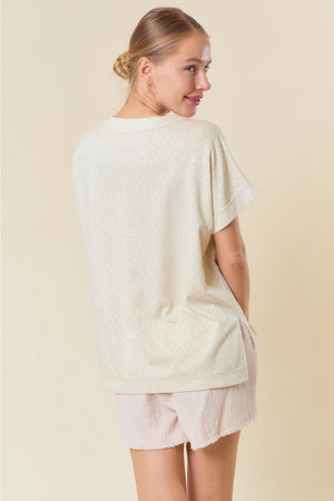 Jacquard V-Neck Dolman Short Sleeve Top