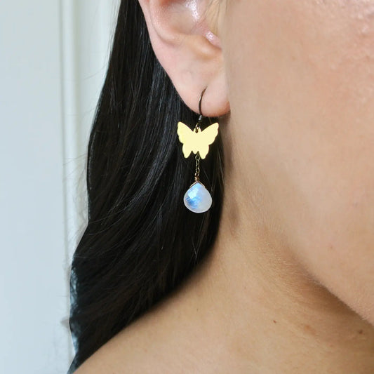 Rainbow Moonstone Butterfly Charm Earrings