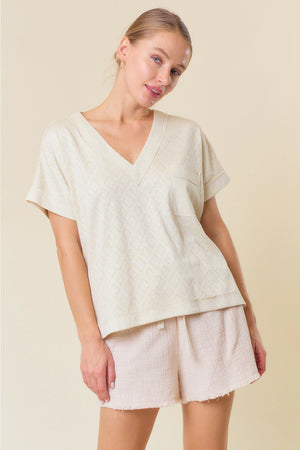 Jacquard V-Neck Dolman Short Sleeve Top