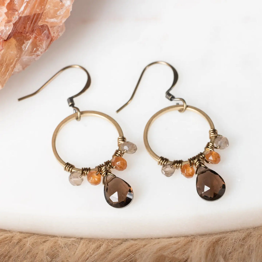 Smoky Quartz with Brown Jade Wire Wrapped Hoop Earring