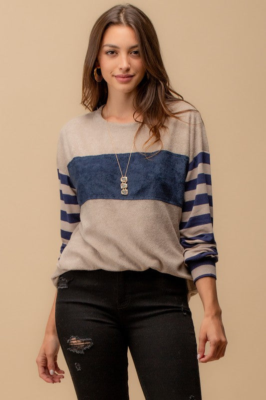 Color Block Top with Stripe Sleeve