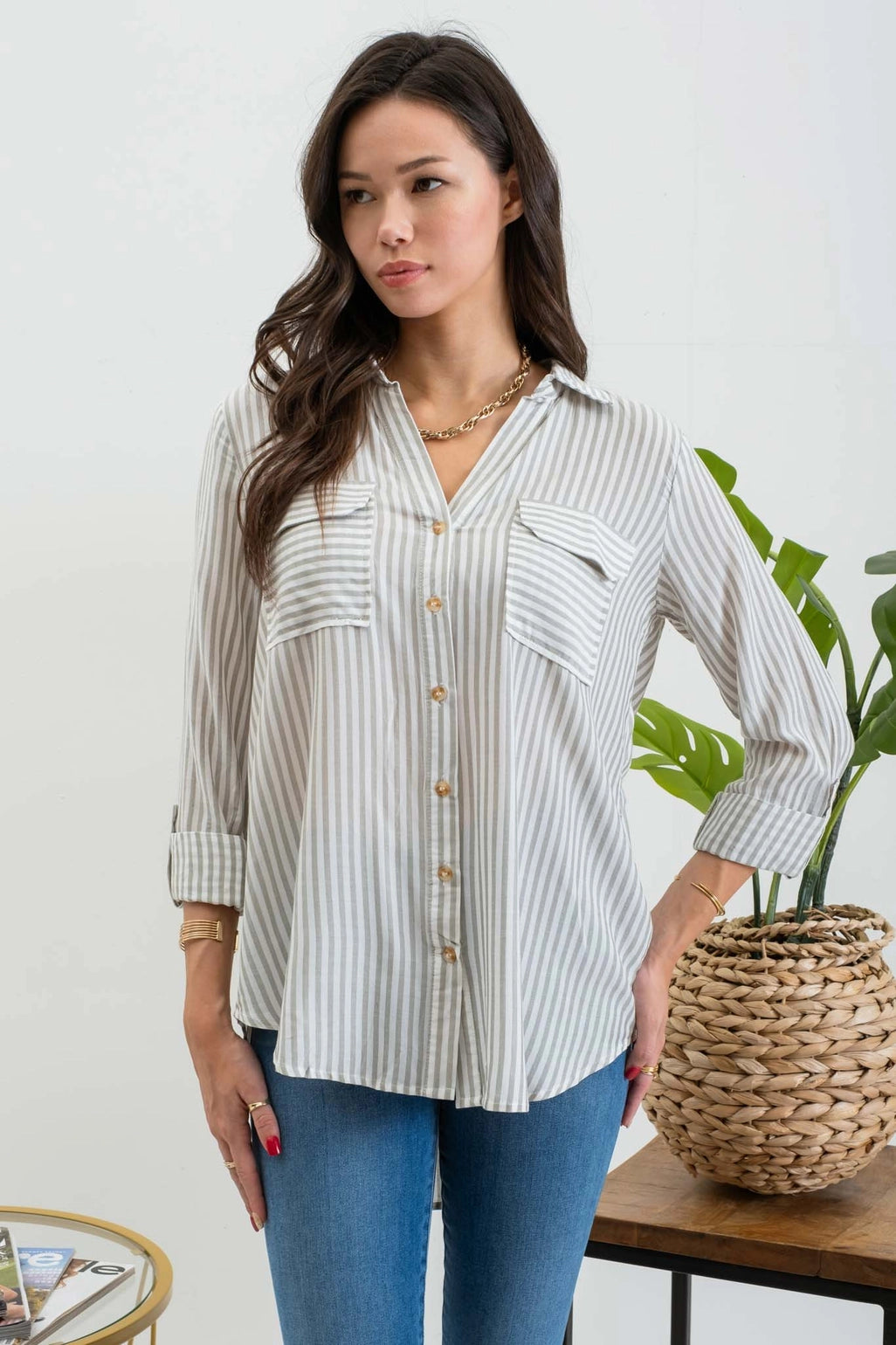 Stripe Collared Button Down Lightweight Shirt (S-3X)