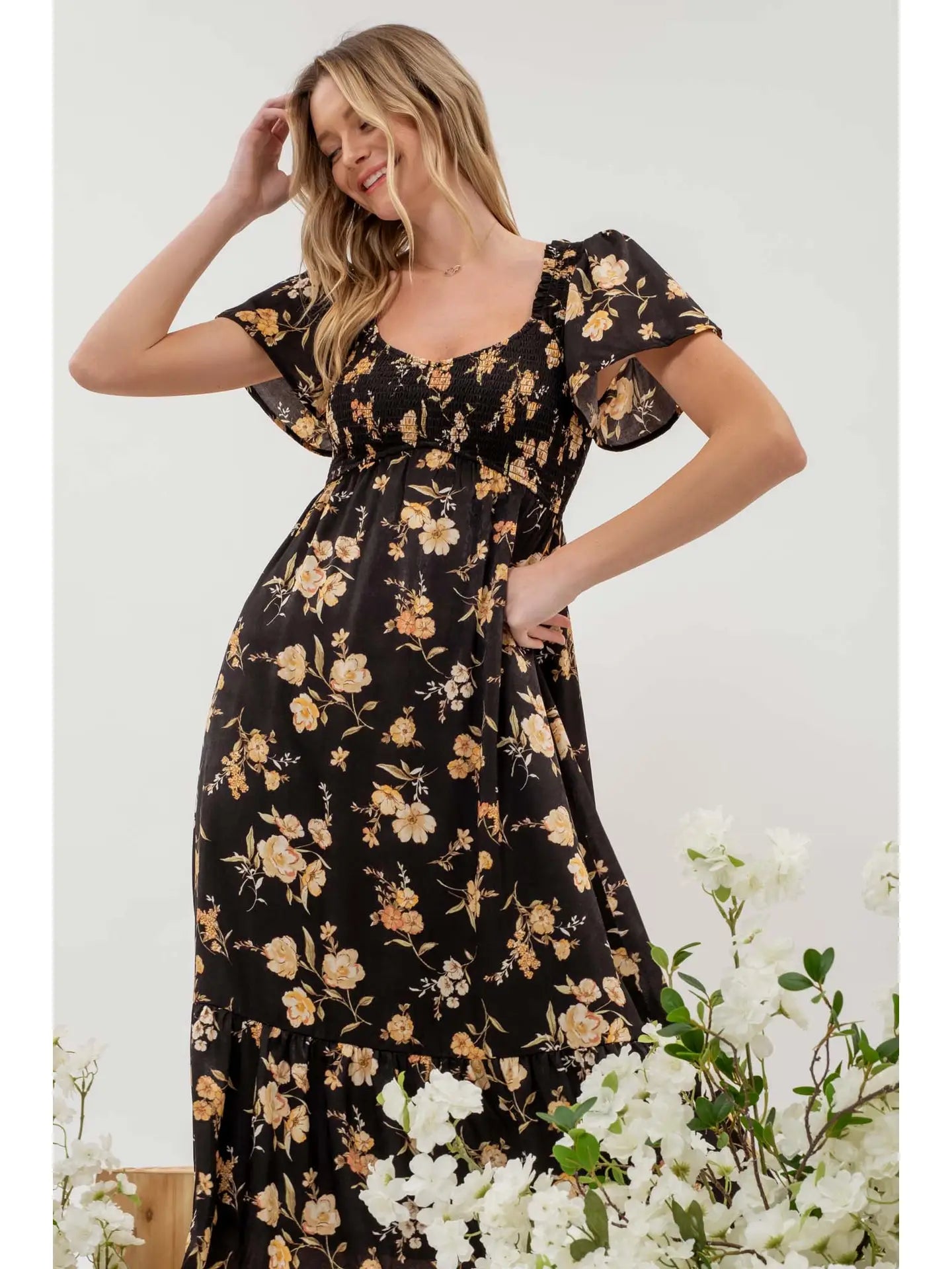 Smocked Floral Print Short Sleeve Midi Dress