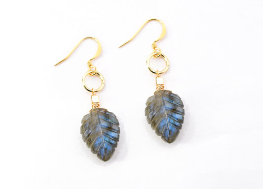 Carved Labradorite Leaf Ringlet Drop Earrings