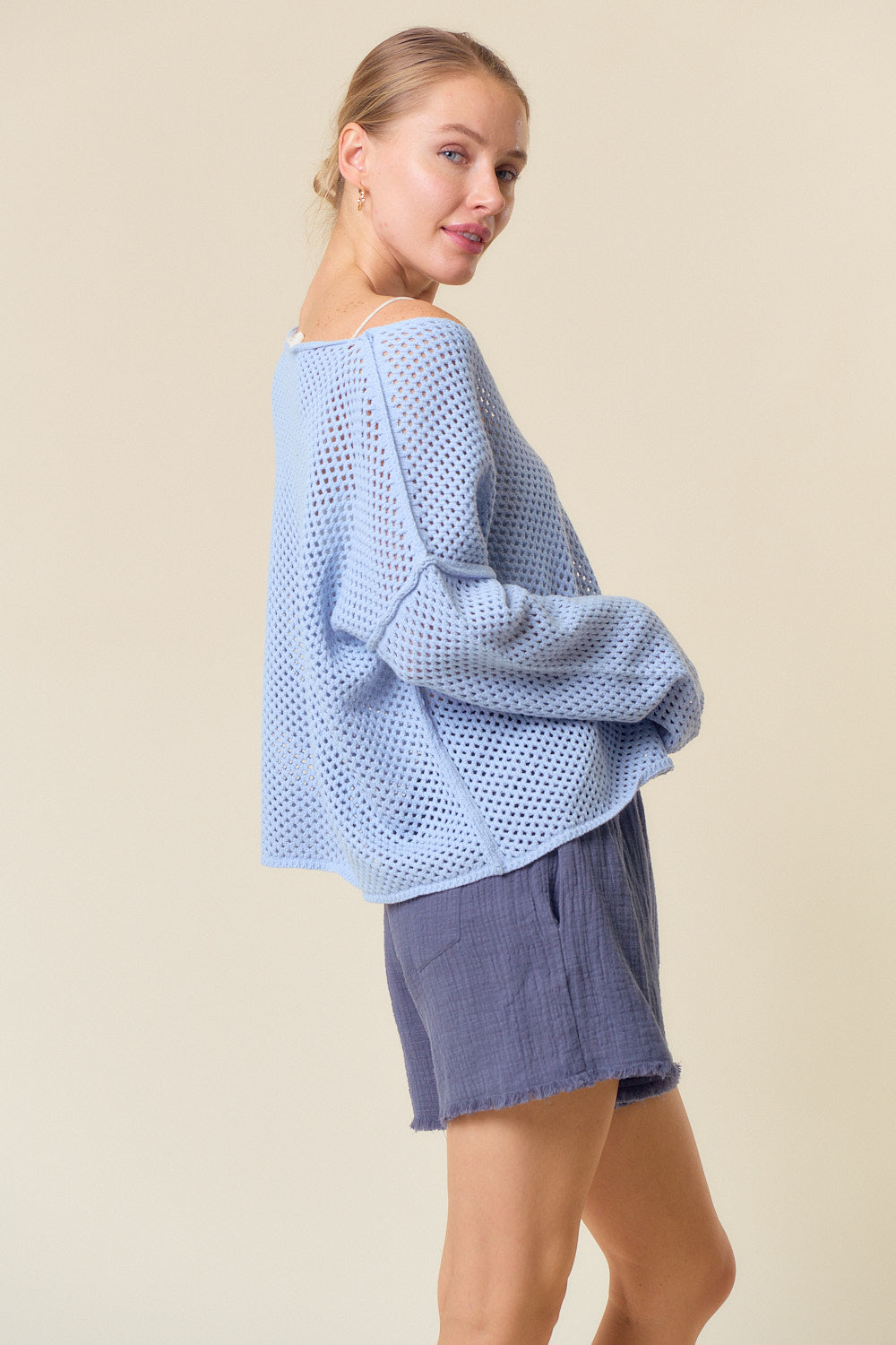 V-Neck Long Sleeve Crochet Sweater Knit Top - Blue