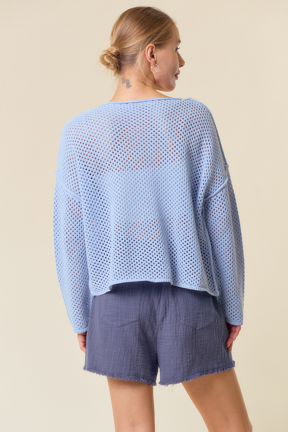 V-Neck Long Sleeve Crochet Sweater Knit Top - Blue