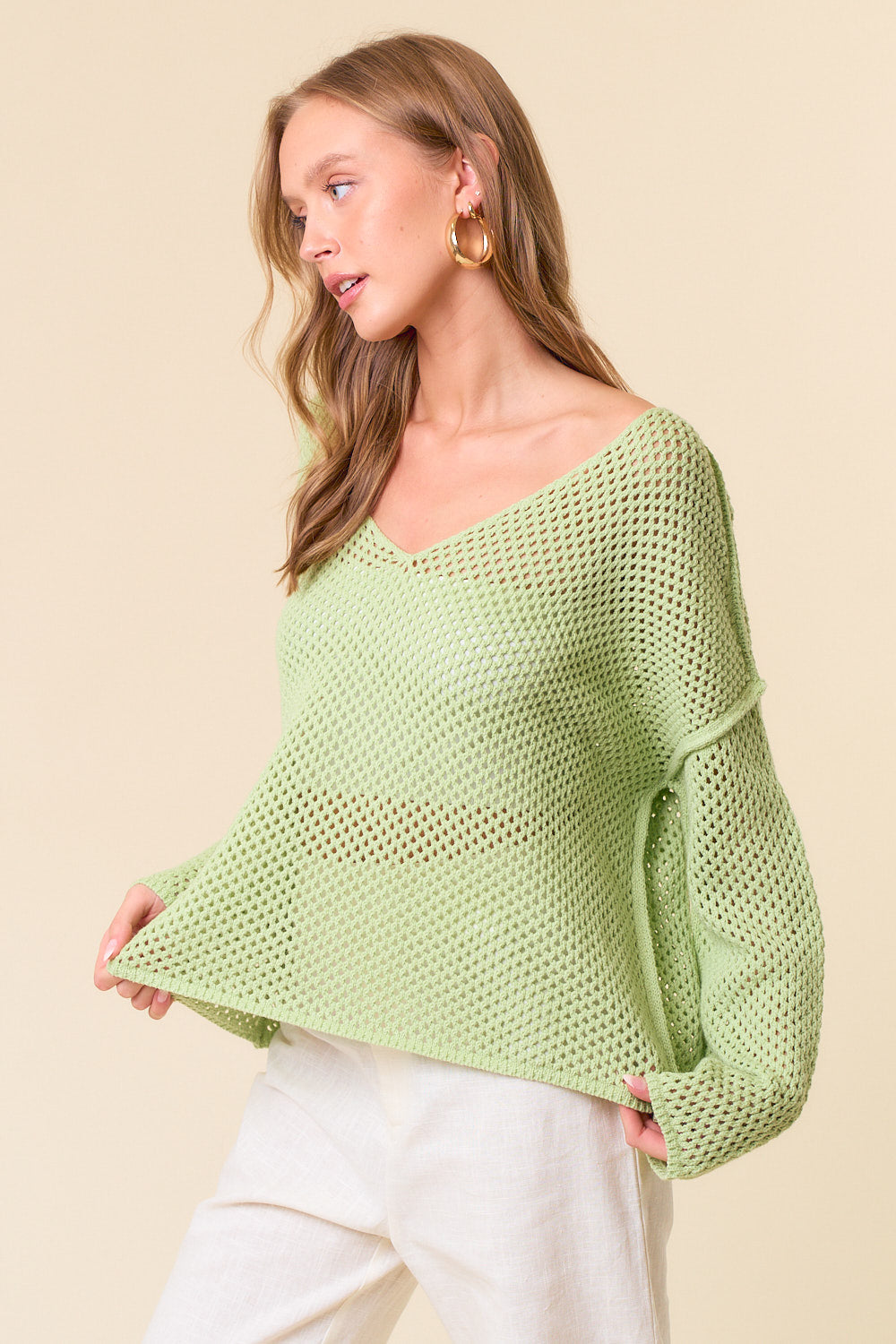 V-Neck Long Sleeve Crochet Sweater Knit Top - Lime