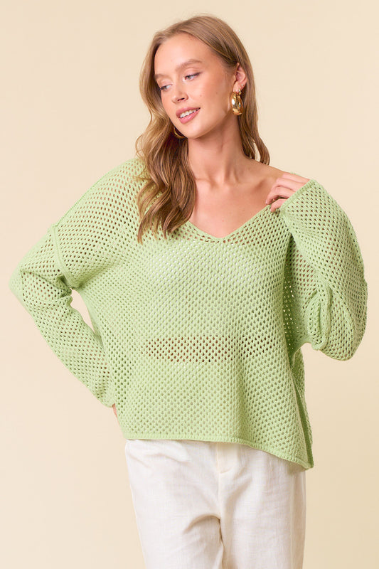 V-Neck Long Sleeve Crochet Sweater Knit Top - Lime