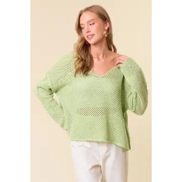 V-Neck Long Sleeve Crochet Sweater Knit Top