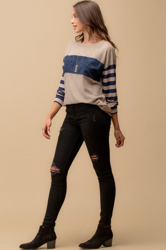 Color Block Top with Stripe Sleeve