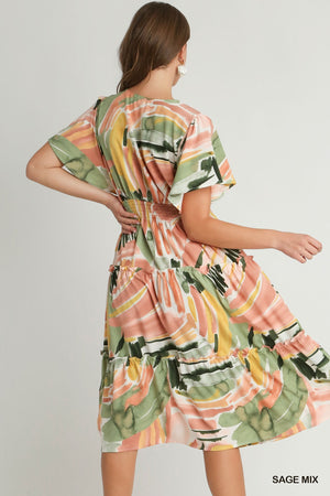 Abstract V-Neck Tiered A-Line Dress