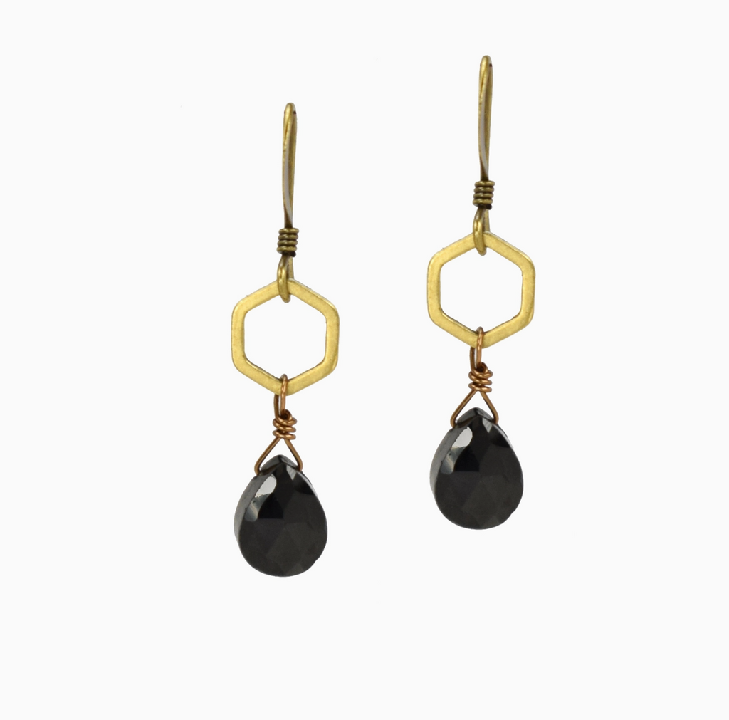 Black Onyx Dainty Hexagon Earrings