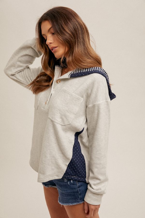 Contrast Jacquard Brushed Jersey Hooded Pullover