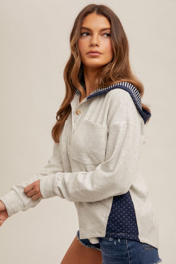 Contrast Jacquard Brushed Jersey Hooded Pullover