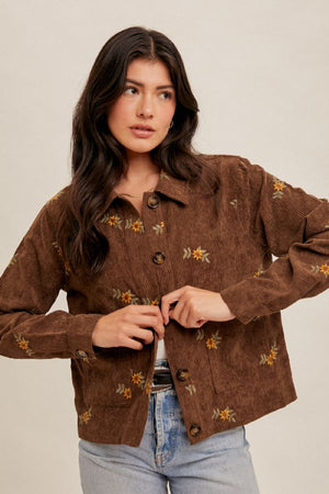 Embroidered Corduroy Button Down Jacket