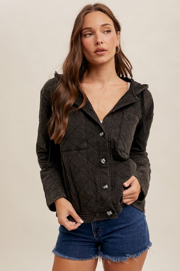 Quilted Washed Cotton Hooded Button Down Jacket