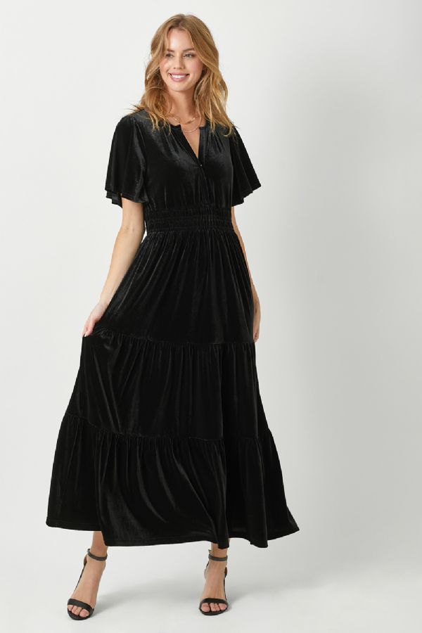 Ruffle Sleeve Velvet Maxi Dress