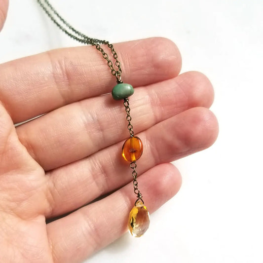 Citrine Amber Y Necklace with Turquoise