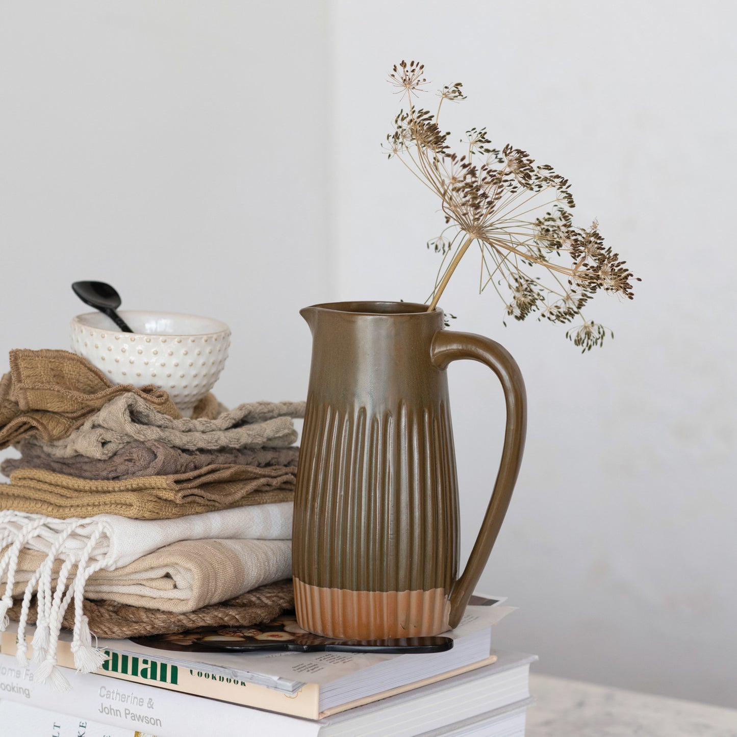 30 oz. Stoneware Ribbed Pitcher, Reactive Glaze