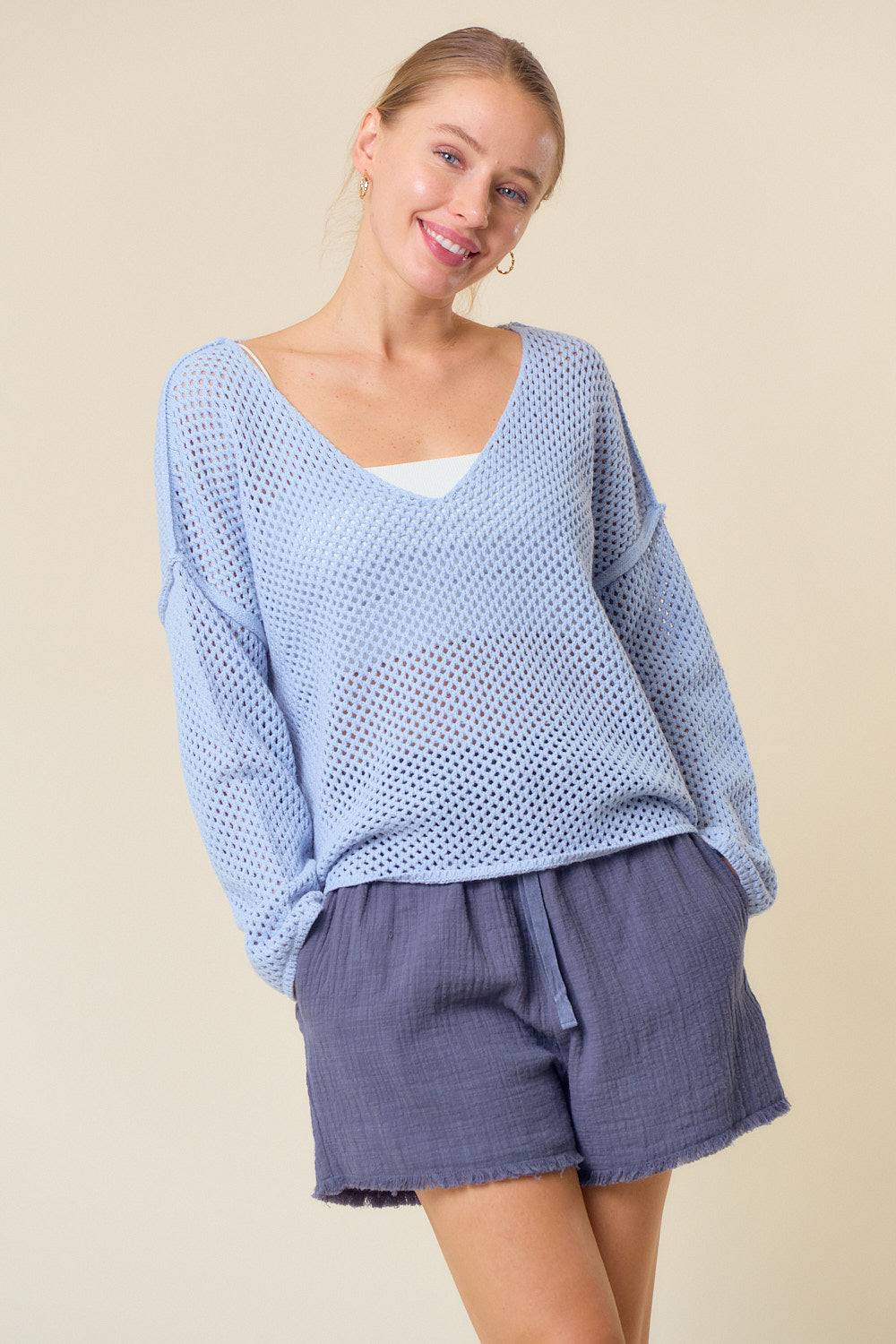 V-Neck Long Sleeve Crochet Sweater Knit Top - Blue