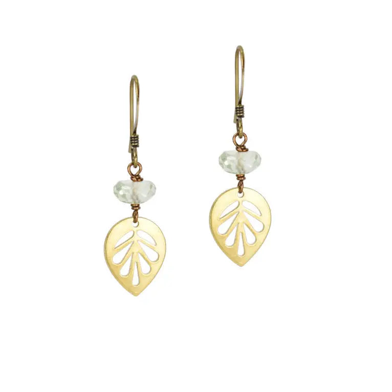 Green Amethyst Brass Leaf Earrings