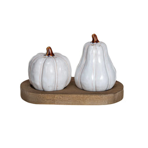 Stoneware Salt & Pepper Shakers w/ Wood Tray, Set of 3