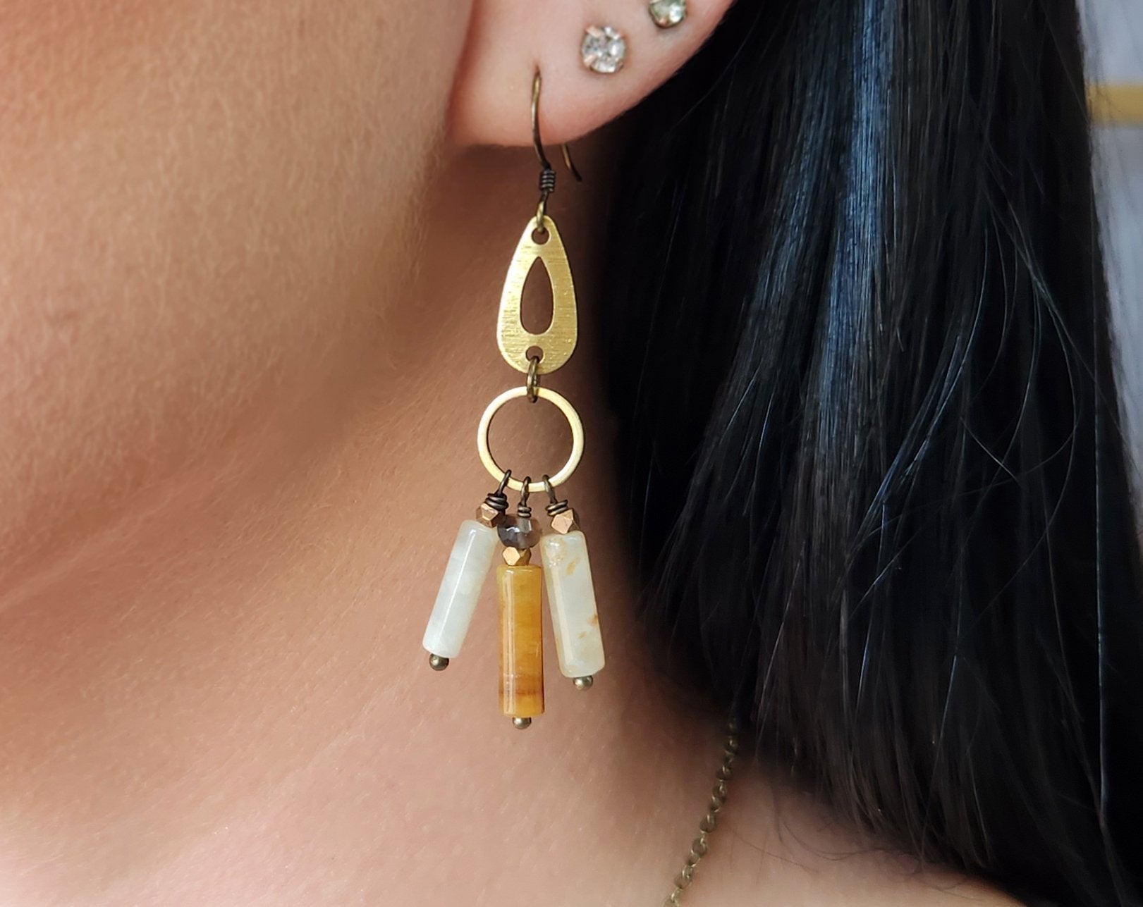 Brown Agate Textured Brass Chandelier Earring