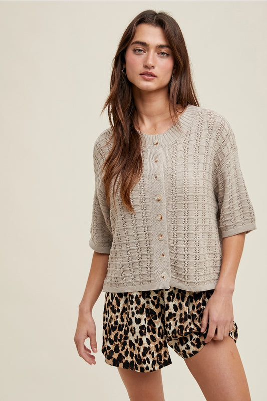 Textured Button-Up Knit Sweater - Grey