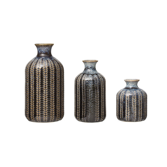 Embossed Stoneware Vases with Glaze