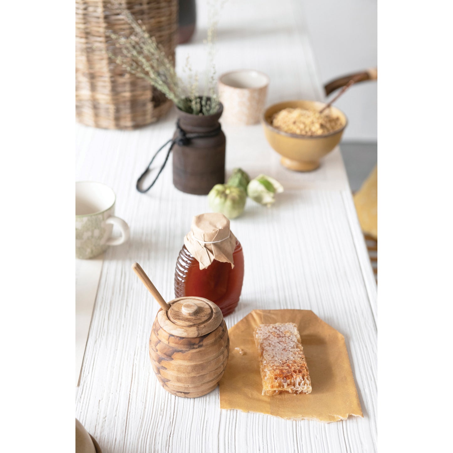 Carved Mango Wood Salt Cellar with Spoon