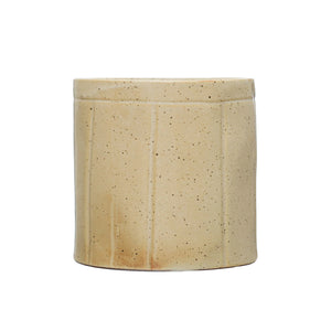 Decorative Stoneware Crock w/ Debossed Lines, Reactive Glaze, Beige