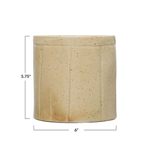 Decorative Stoneware Crock w/ Debossed Lines, Reactive Glaze, Beige