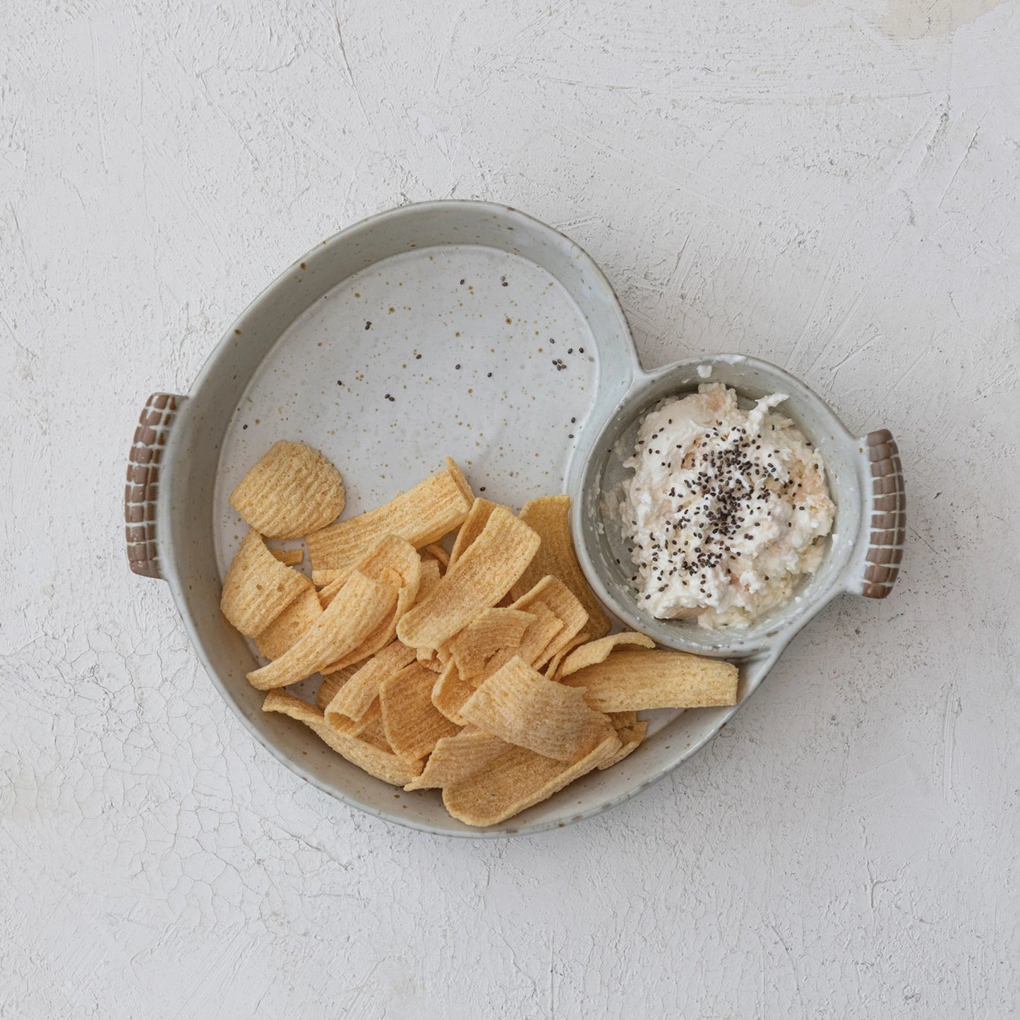 Stoneware Dish w/ 2 Sections & Handles, Reactive Glaze, Cream Color