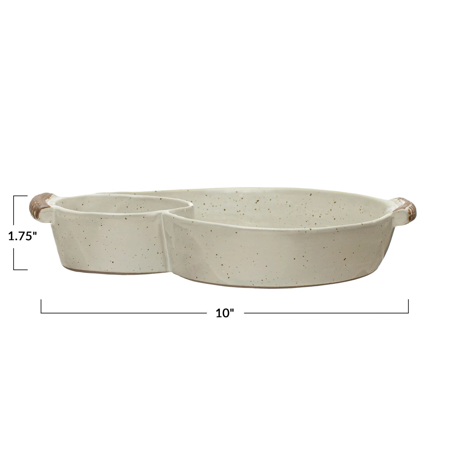 Stoneware Dish w/ 2 Sections & Handles, Reactive Glaze, Cream Color