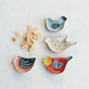 Hand-Painted Stoneware Bird Shaped Dish