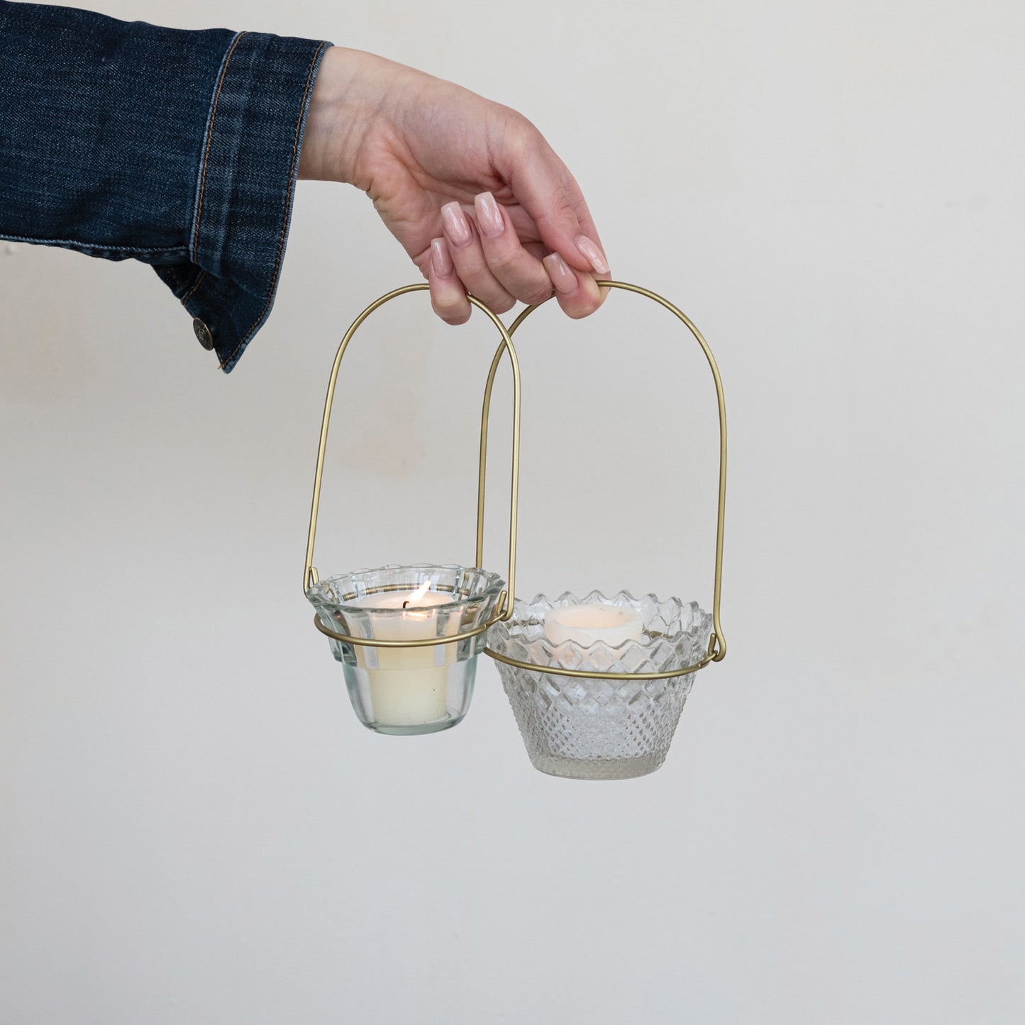 Hanging Pressed Glass & Metal Votive Holder