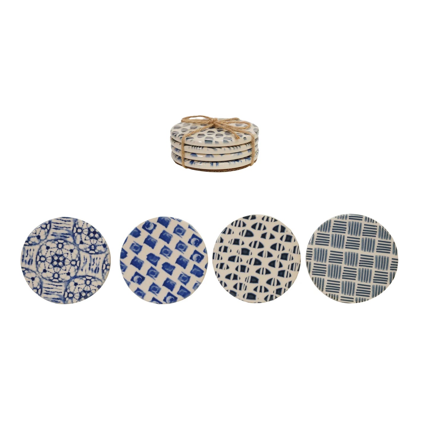 Stoneware Coasters with Tile Pattern, Set of 4 Tied with Jute