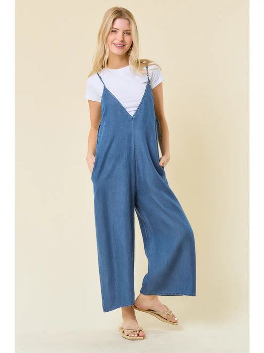 V-Neckline Wide Leg Denim Jumpsuit