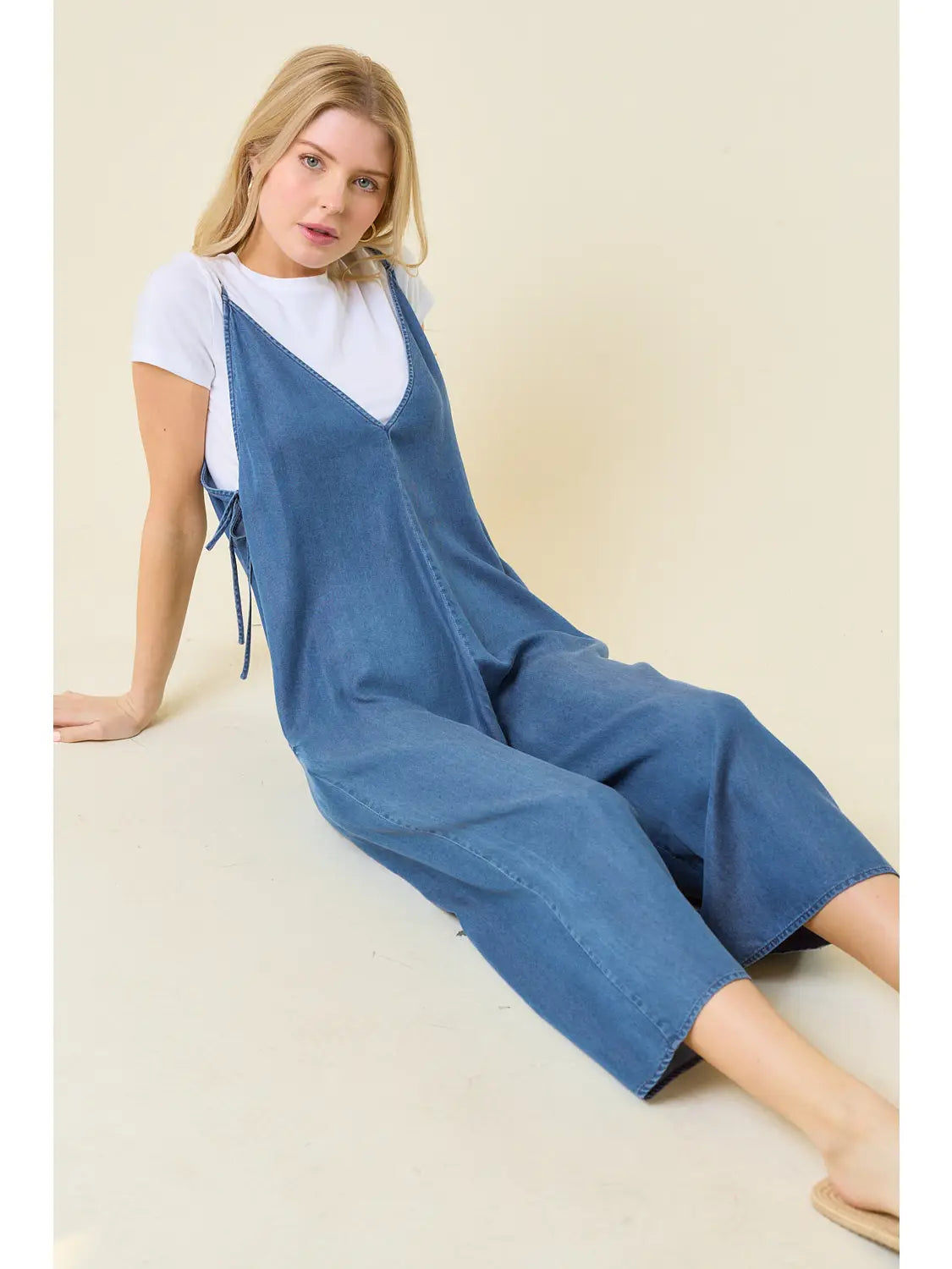 V-Neckline Wide Leg Denim Jumpsuit