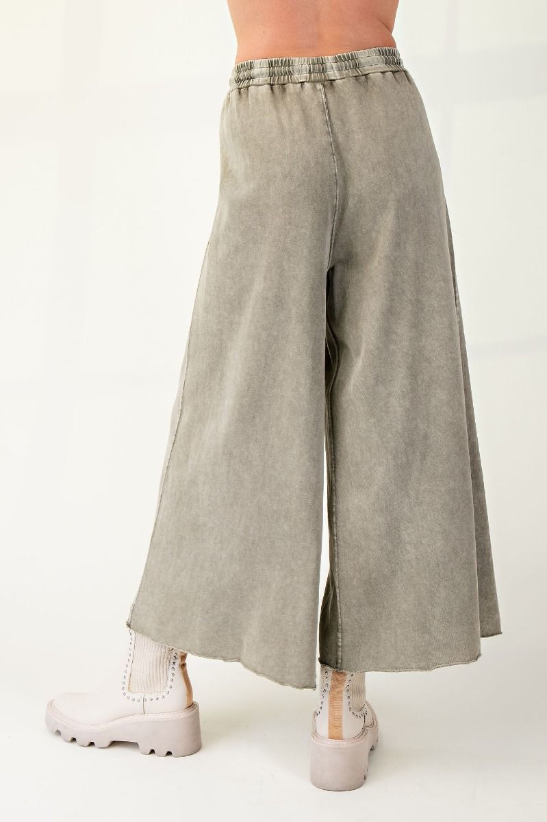 Washed Terry Knit Wide Leg Pants - Ash Olive