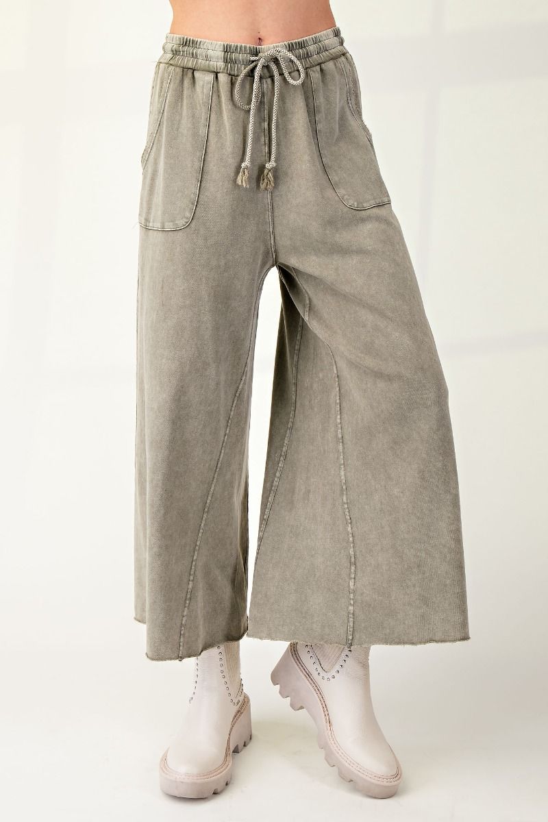 Washed Terry Knit Wide Leg Pants - Ash Olive