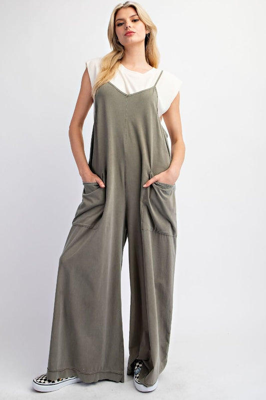 Mineral Washed Jumpsuit - Olive Grey