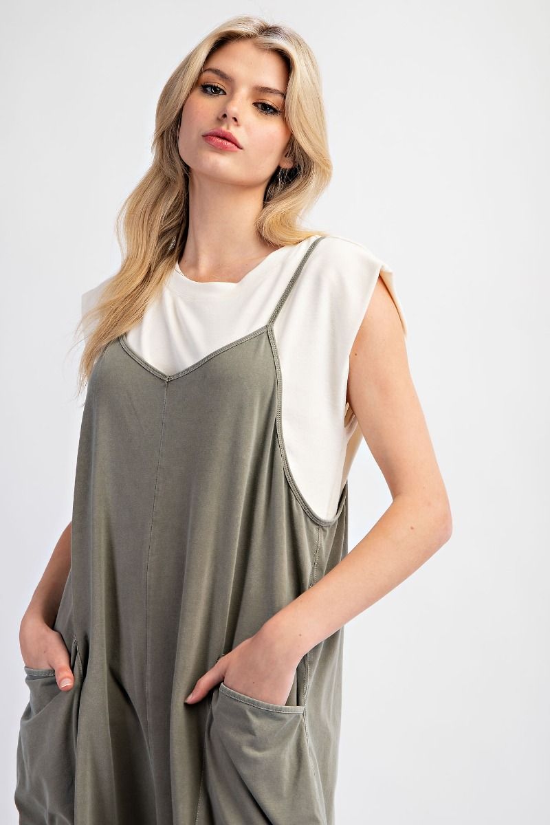 Mineral Washed Jumpsuit - Olive Grey